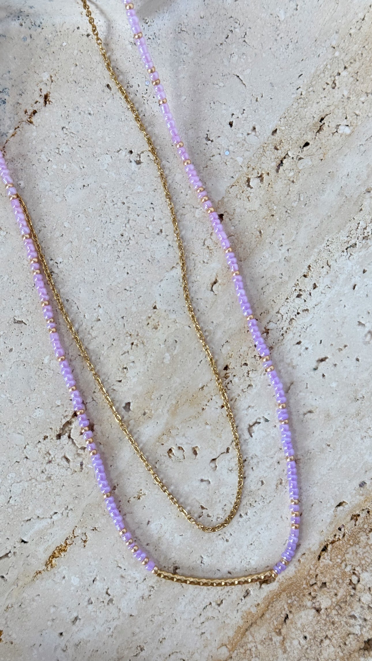 Layered Seed Bead & Gold Chain Necklace