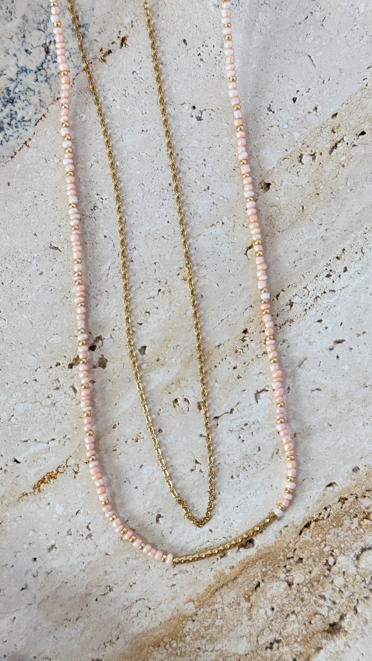 Layered Seed Bead & Gold Chain Necklace