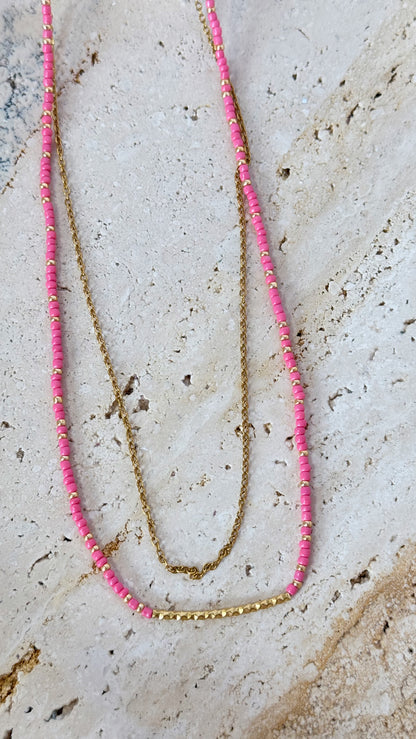 Layered Seed Bead & Gold Chain Necklace