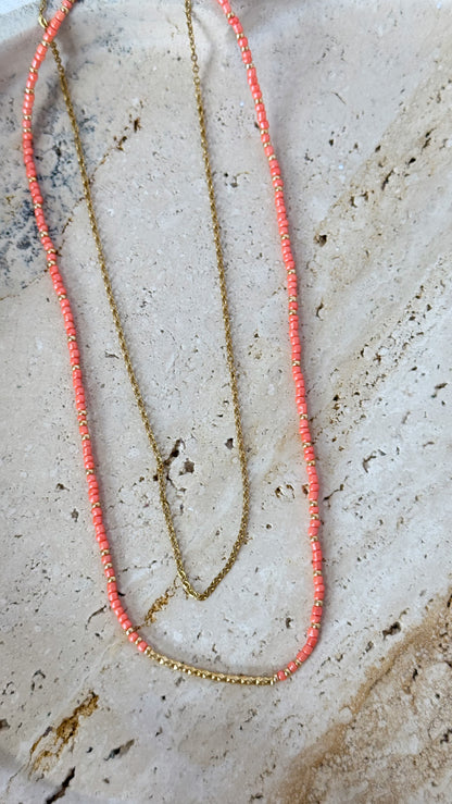 Layered Seed Bead & Gold Chain Necklace