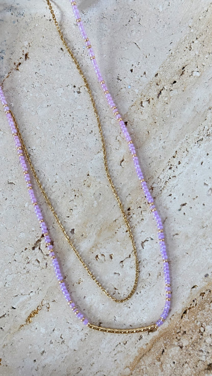 Layered Seed Bead & Gold Chain Necklace