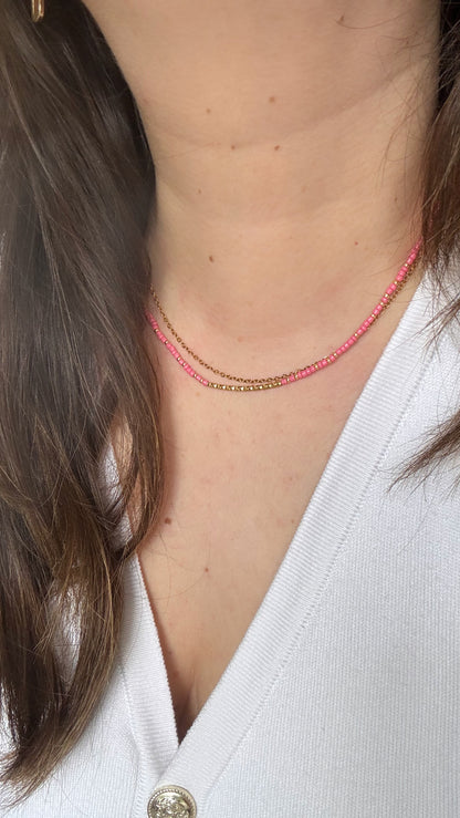 Layered Seed Bead & Gold Chain Necklace