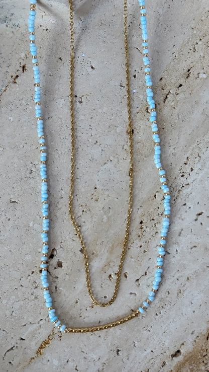 Layered Seed Bead & Gold Chain Necklace