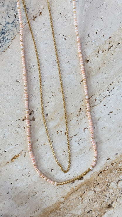 Layered Seed Bead & Gold Chain Necklace