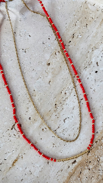 Layered Seed Bead & Gold Chain Necklace